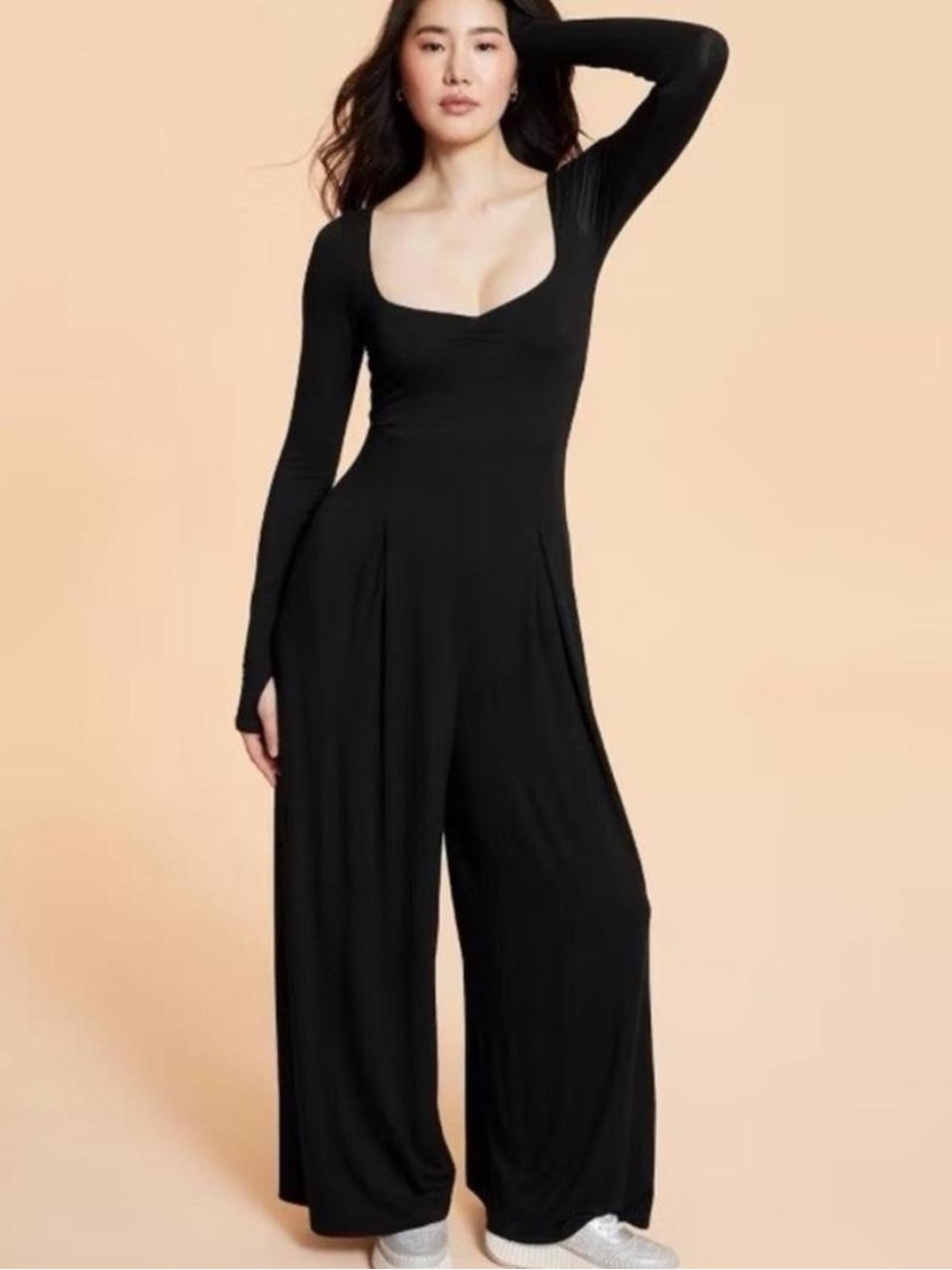 Elegant Black Long-Sleeve Scoop-Neck Maxi Jumpsuit